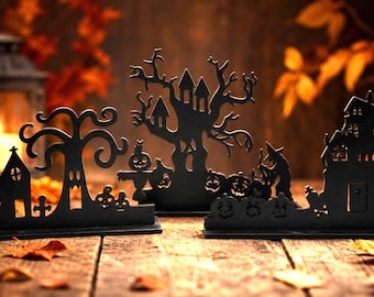 Spooky Black Wooden Halloween Displays, Laser Cut Haunted Houses, Halloween village, Fall mantle décor, Halloween houses, Haunted houses