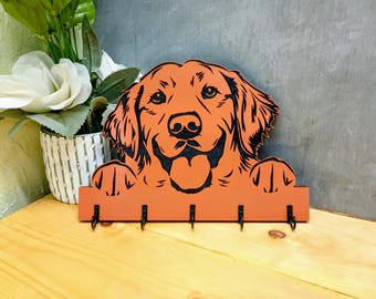 Peeking Golden Retriever Wooden Key Ring Holder, Golden Retriever Key Organizer