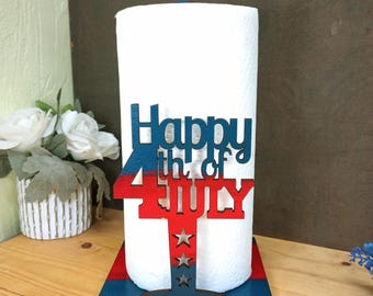 Happy 4th of July Paper Towel Holder: Patriotic Wood Decor