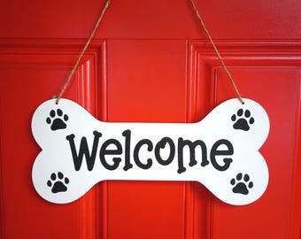 Welcome Dog Bone Cutout Door Hanger, Welcome Front Door Signs, Dog Bone Signs, Welcome Dog Signs