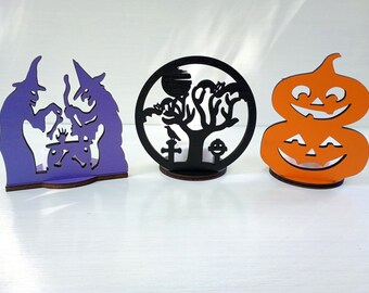 Portavelas de madera para Halloween cortado con láser: brujas, árboles y calabazas