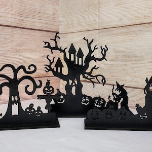 Spooky Black Wooden Halloween Display: Laser Cut Haunted House Decor