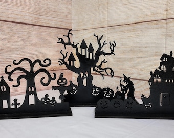 Spooky Black Wooden Halloween Display: Laser Cut Haunted House Decor