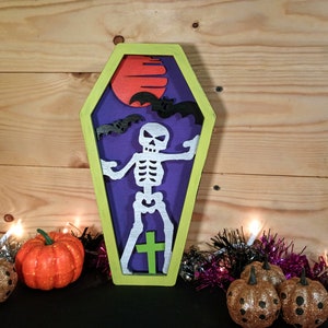 Skeleton Coffin Display: Laser Cut Wooden Halloween Mantel Decor
