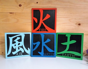 Japanese Kanji Element Signs: Wooden Wall Art