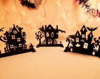 Spooky Wooden Haunted House Display: Halloween Mantel Decor