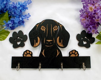 Dachshund Peeking Wooden Key Holder: Entryway Leash Organizer