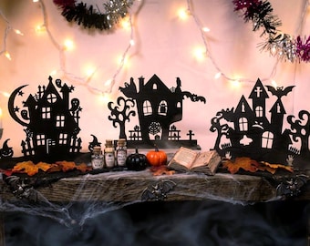 Spooky Wooden Haunted House Display: Halloween Mantel Decor