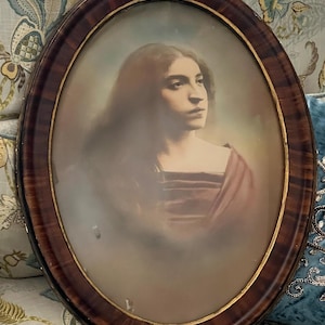 Antique Vintage Portrait Oval Bubble Glass Wood Frame Collectible 19th Century
