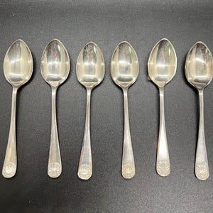 May include: Six silver spoons arranged in a row. Each spoon has a long, slender handle and a rounded bowl. The handles have a decorative floral design at the base. The spoons are made of a shiny, reflective metal.