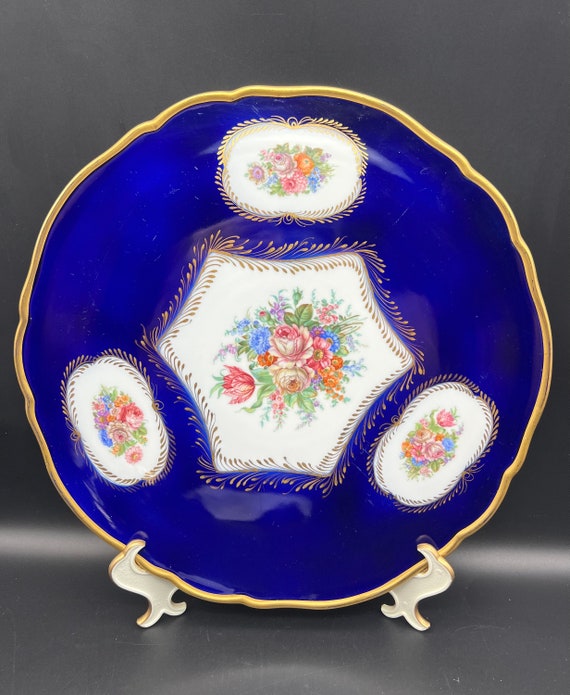 Porc Limoges Pate Large Plate Platter Cobalt Blue Gold Flowers
