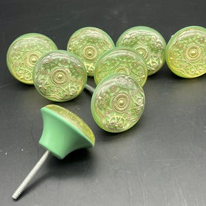 Set of 8 Teal/Green Ceramic 2” Knobs Gold Mendala Design Moroccan/Bohemian