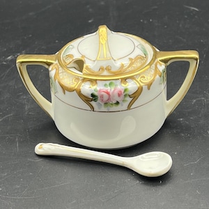 Noritake Nippon Mustard Jar with Lid and Spoon Gilded Roses Gold 4.26” x 2.5”