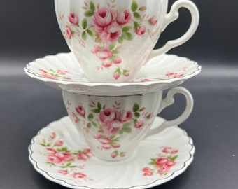 Two Johnson Brothers Tea Cup & Saucers Pink Roses on White Swirl JB431