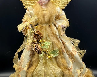 Elegant Gold Christmas Angel Tree Topper Faux Fur Glitter Wings Victorian Holiday Decor 18”