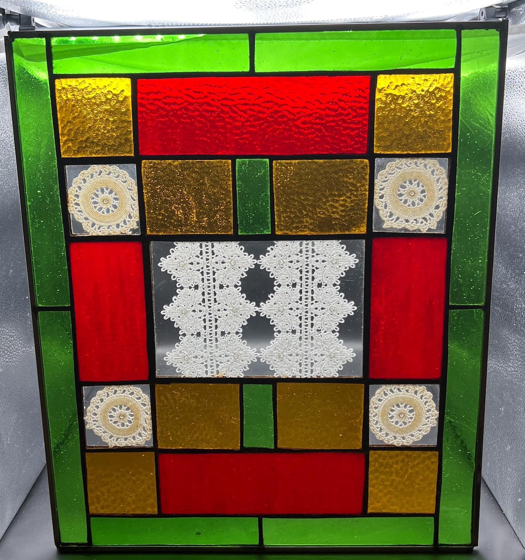 Large Vintage Stained Glass Panel With Doilies Inside Glass Red, Green ...