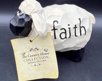 White and Black Wooden Sheep with "faith" Carved on Side Made by Country House Collection, Size- 4" x 3"