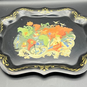 Black Hand Painted Metal Scalloped Tray 18.5 x 15 Mid Century