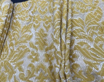 Two Vintage Pleated Drapery Panels Vintage Yellow Gold & Ivory White Damask Window Treatments , Elegant Brocade Curtains - 43” L  x 36” W