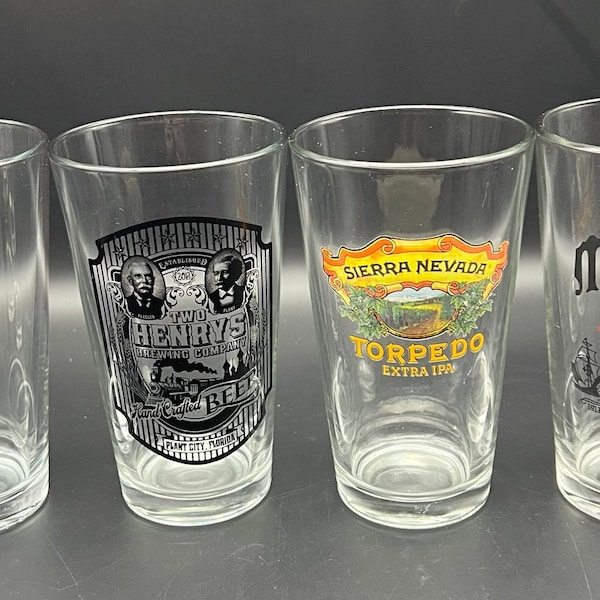 Brewery Craft Beer Pint Glasses - Your Choice - Two Henrys Brewing, Mission Brewery, Sierra Nevada, Funky Buddha Brewery