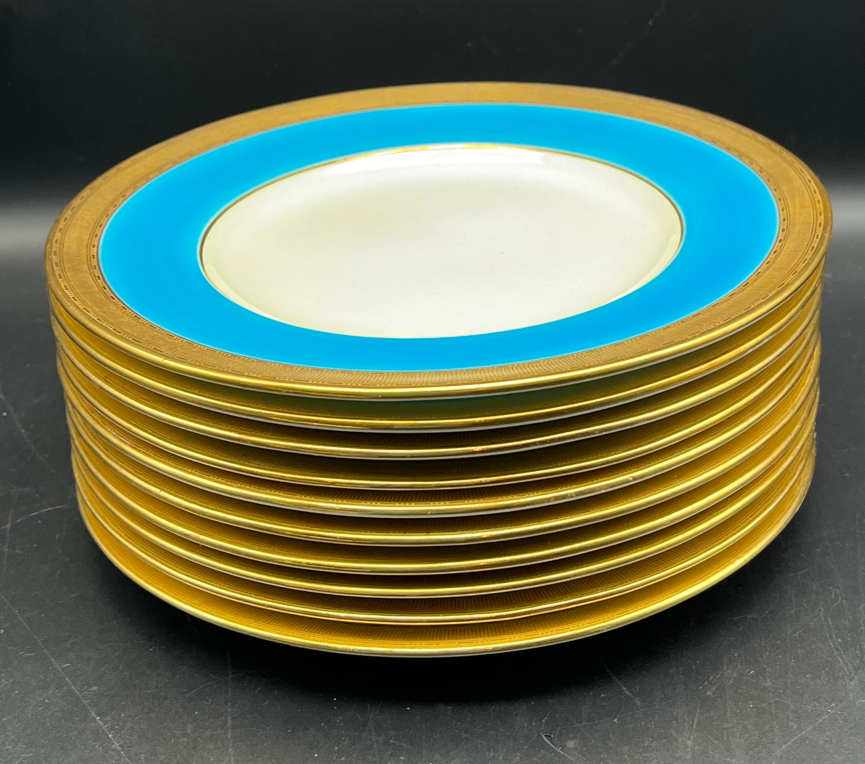 Tiffany & Co Minton Gold Encrusted Teal Blue Salad Luncheon Plates