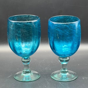 Two Teal Blown Glass Water Goblets Glasses Green Stem 7”
