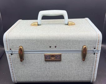 Retro Vintage 1950s Samsonite Streamlite Locking Train Case Blue Green Tweed 9"x 8"x 13"