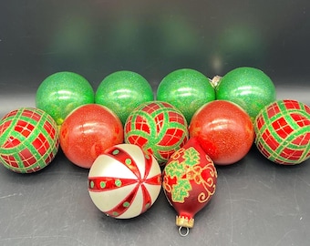 Set of 11 - Red and Green Christmas Ornaments Set  - Floral , Stripe, Glitter Glass Ornaments Grinch Tree
