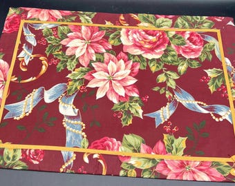 Four Holiday Floral Placemats Christmas Poinsettia, Roses, Holly, Ribbon and Pearls Print -Burgundy, Blue, Pink & Gold -Victorian- 19” x 13”