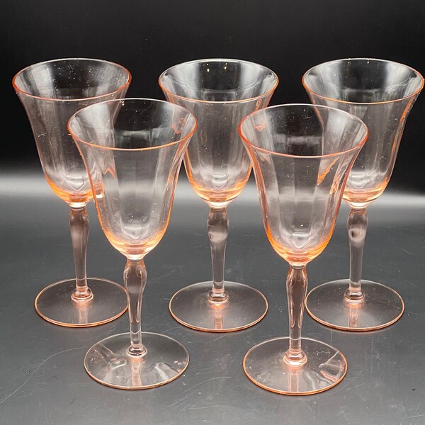 Five Pink Fostoria Tiffin 7.5” Water Glasses Goblets Wine Glasses