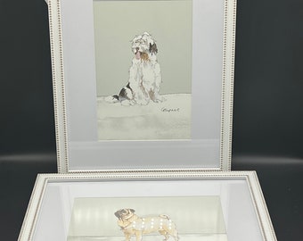 Illustrated Gracie Tapner, Sheep Dog or Pug Print Framed Dog Wall Decor Pet White and Gold Frame 15.5 x 12.5 New