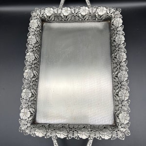 Silver Pewter Tray Flowers Filagree Embossed Scalloped 18” (with handle) x 11” x 2.5”