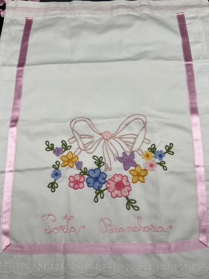 Embroidered Sack Gift Bag Girl Pretty Bow Flower Pink Blue Purple Drawstring Bag - Two Designs Your Choice image 5