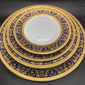 SORELLE Porcelain Gold and Blue Dinner Plates , Salad Plates, Bread Plates or Rim Soup Bowls