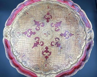 Vintage Made in Italy Florentine Lazy Susan 15” Gilt Gold Red Ornate Rotating Serving Tray - Rare