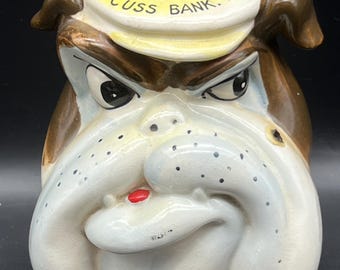 Vintage Japanese Ceramic "Cuss Bank" Bulldog Swear Jar, Size- 3.25" x 4.25" x 5"