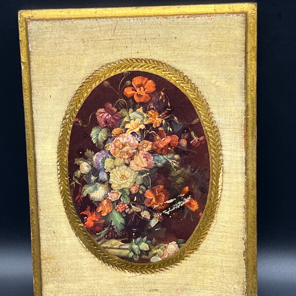 Italian Florentine Roses Gold Gesso Gilded Wall Plaques Wood Wooden Wall Hangings Numbered 8001/2C Roses Italy 8” x 6”