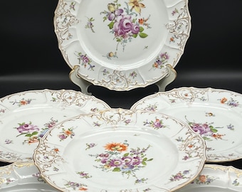 Six Beautiful Dresden Germany Dinner Plates 9.5” Floral Gold Embossed Stamped S with Crown - Set of 6