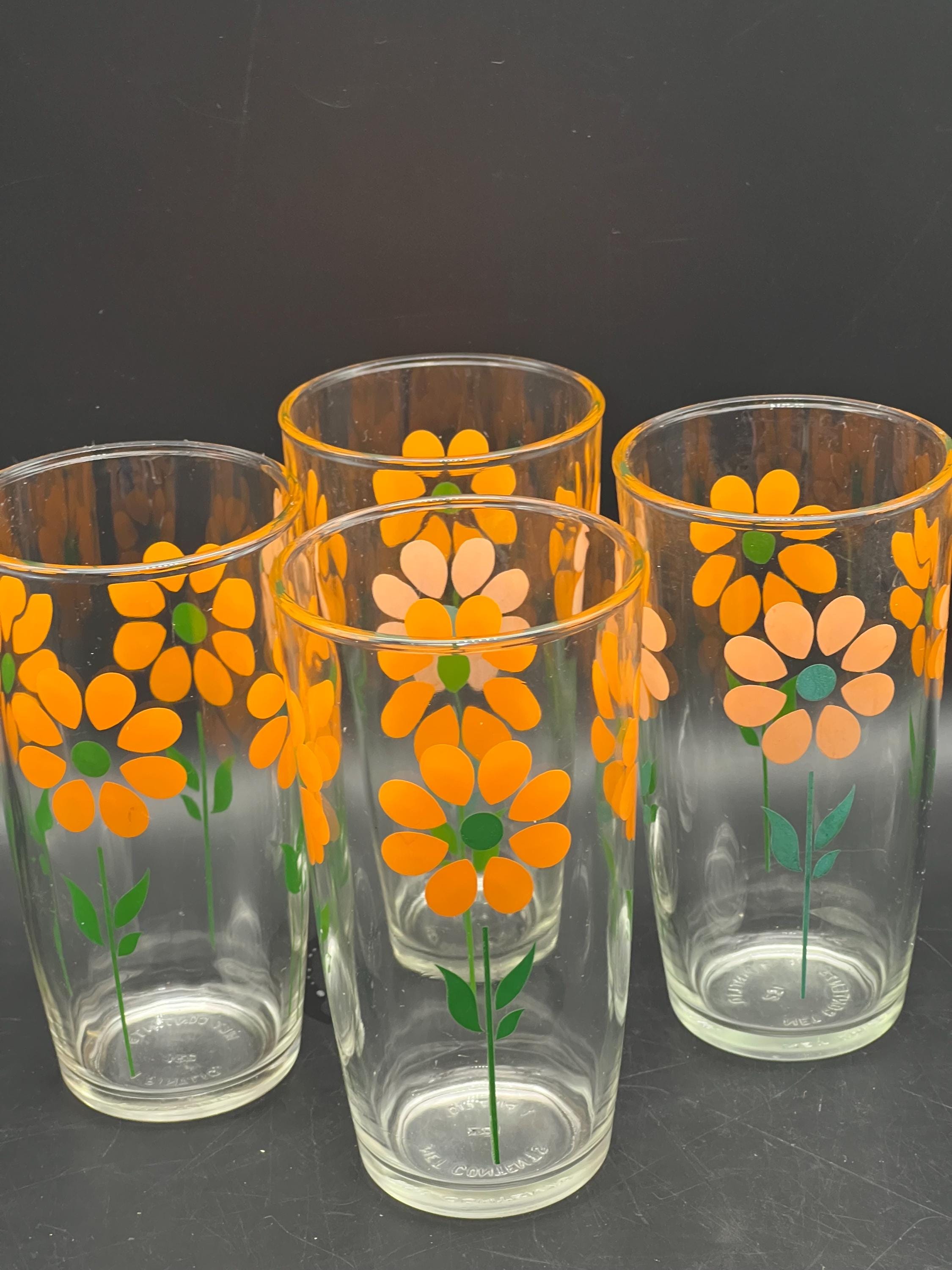 Vintage Set of 4 Hazel Atlas Orange Daisy Sour Cream Tumblers Pint