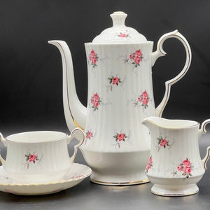 Princess House Hammersley Pink Roses Tea Pot Coffee Pot Open Sugar, Plate and Creamer Spode England