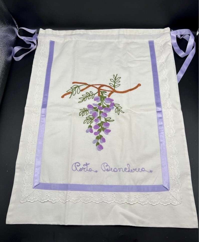 Embroidered Sack Gift Bag Girl Pretty Bow Flower Pink Blue Purple Drawstring Bag - Two Designs Your Choice Purple