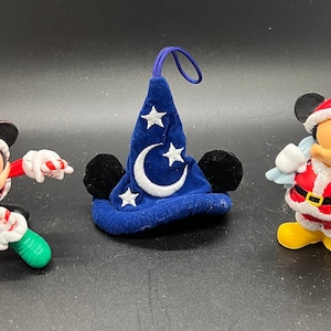 Three Mickey Mouse Disney Christmas Ornaments- 1996 Enesco Tree Rific Treasures, Mickey Sorcerer Hat, Hallmark Santa Mickey