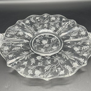 Fostoria Chintz Etched Handled Cake Plate Baroque Shape 12.5” Serving Plate