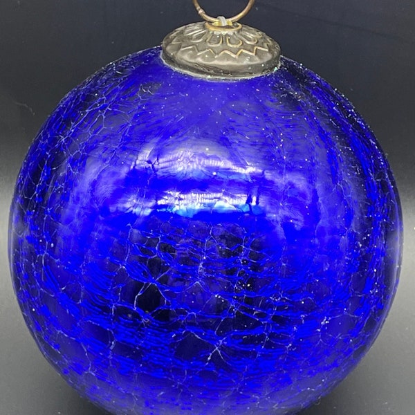 Large Glass Kugel Christmas Ornament Cobalt Blue Crackle Glass Approximately 5”
