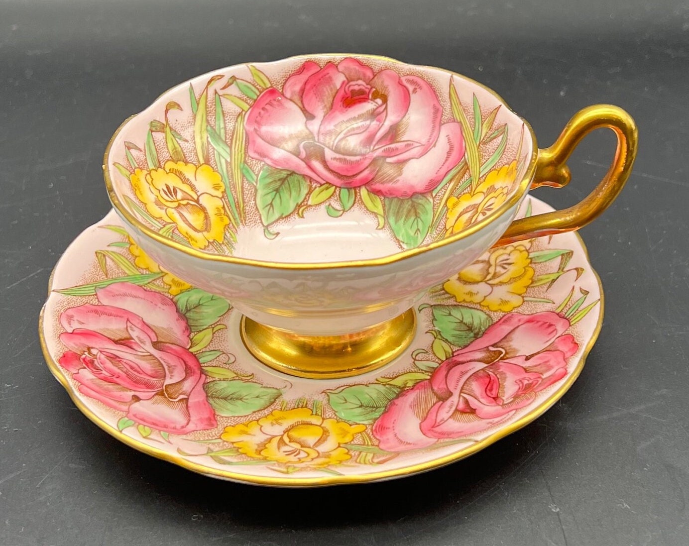 Taylor & Kent Cabbage Roses Teacup and Saucer Set Light Pink