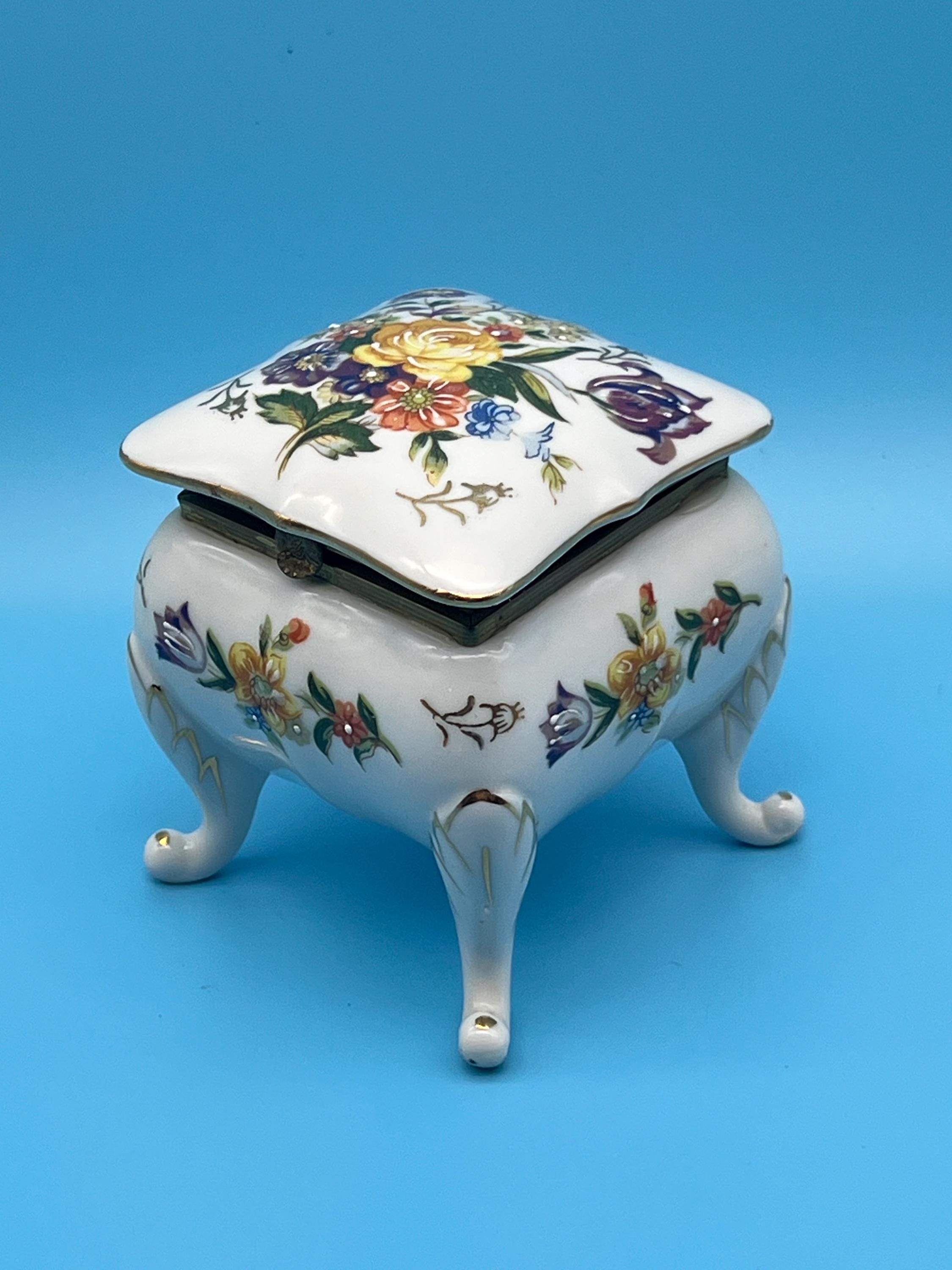 Napcoware Hand Painted Flowers Footed Square Trinket Box C 8854