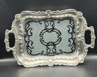 Vintage Ornate Footed Silver Serving Handled Tray with Frosted Designed Glass, Baroque Style Vanity Tray 16” x 10”