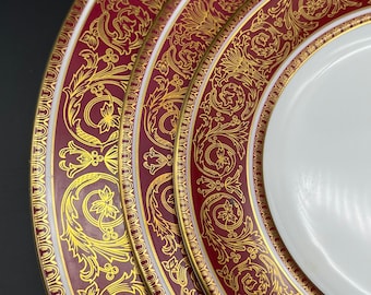 Royal Doulton Buckingham Dinner Plates, Salad Plates, Bread Plates, Saucers, 3-piece Place Settings Gold and Maroon Beautiful Plates