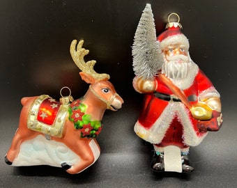 Two Blown Glass Ornaments Reindeer and Santa