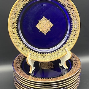Utzschneider & Co Sarreguemines Cobalt and Gold Encrusted Dessert Salad Plates Gold Encrusted Band and Medallion On Cobalt - Set of 10